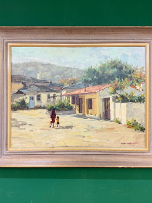 Ελαιογραφία Α. Ανδρεάδη μεταχειρισμένη, θέμα Στο χωριό σε κορνίζα