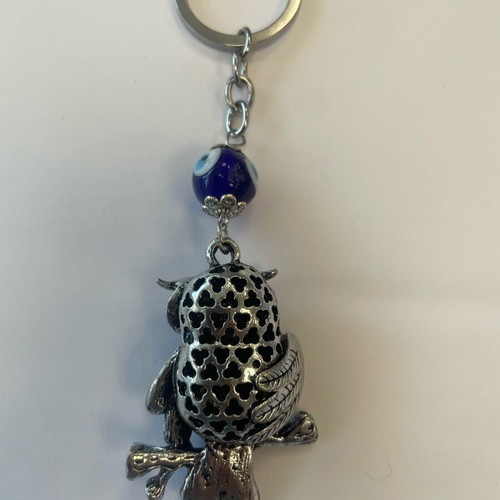 Good Luck Keychain with Owl and Eye new, blue and silver