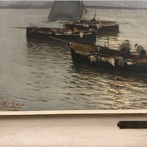 Oil painting by Arnaldo De Lisio landscape with boats like new