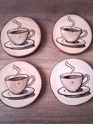 Set of 4 handmade wood coasters with coffee cup pyrography, new