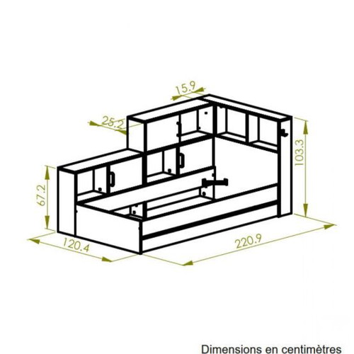Children's bed used with bookshelf and storage drawer