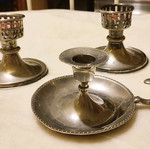 Vintage candlesticks used, set of three, including silver-plated blaker