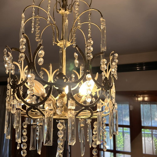 Bulgari crystal ceiling lights used with gold patina, two six-light and one single-light