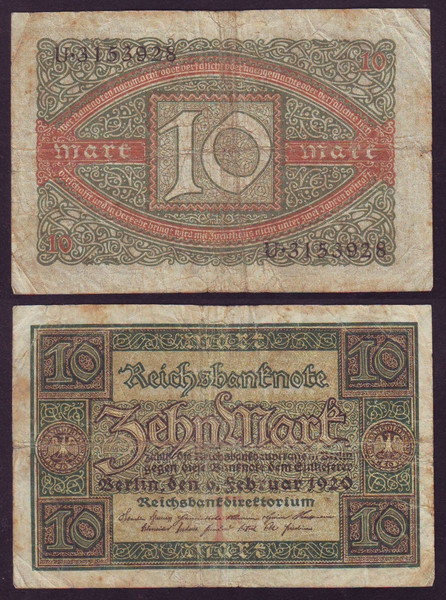 Γερμανία 10 Mark 1920 Germany Banknote Paper Money   (2ХК0,08ю059)