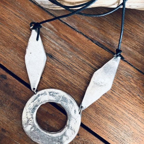 Vintage necklace with leather cord, new, black and silver