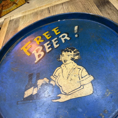 Vintage metal tray "Free Beer" used, retro pub decor