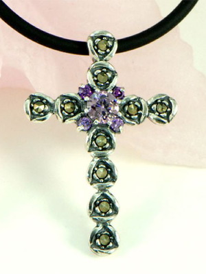 925 Silver Cross New With Marcasite And Amethyst
