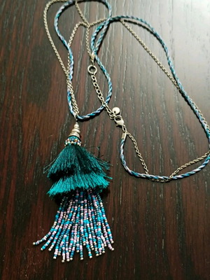 Handmade long women's necklace with tassel, crystals and marcasite stones like new