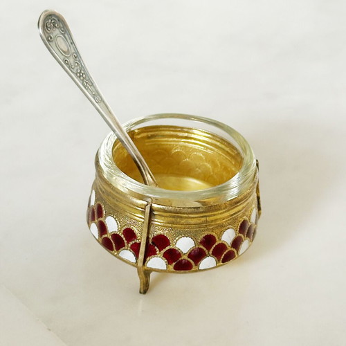 Bowls for caviar or salt used, handmade enamel Hommet 1950s