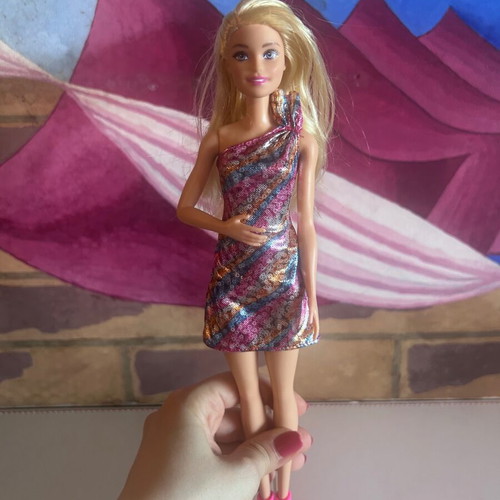 Barbie Fashionistas Party Glam doll with metallic multicolor dress and fuchsia heels, Mattel