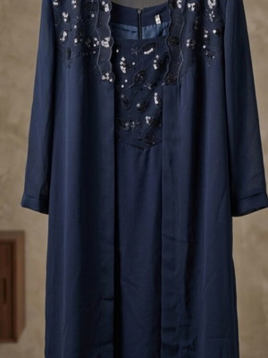 Dress and Bolero jacket new, dark navy blue with sequins and embroidery