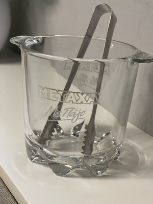 Metaxa glass ice bucket with metal tongs used