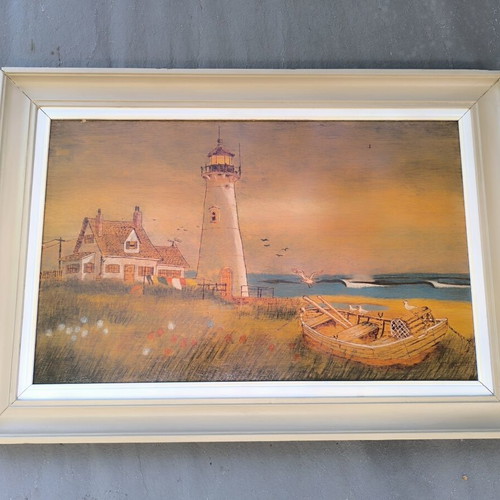 Handmade Pyrography Painting 48x69 cm with Lighthouse, like new