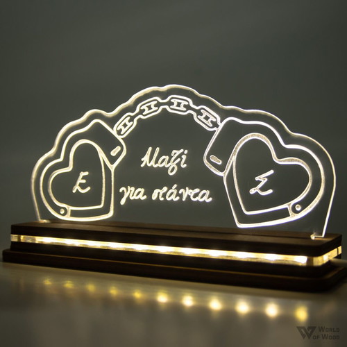 LED lamp "Heart Handcuffs" handmade with wooden base and plexiglass