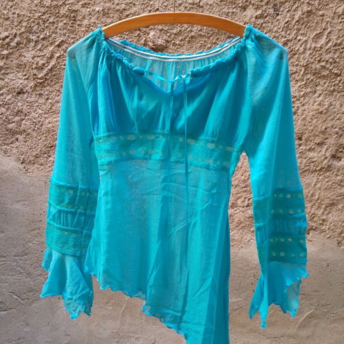 Asymmetric Sheer Blouse Turquoise new, size Small