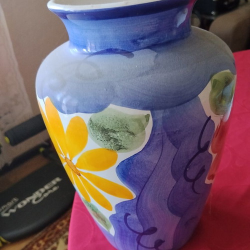Large decorative ceramic majolica vase with colorful hand-painted flowers, Mediterranean style