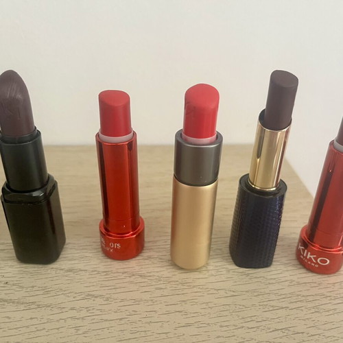 Kiko Milano lipsticks used, various shades red, burgundy, pink, brown