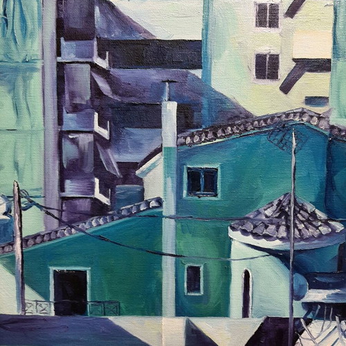 Oil painting urban landscape on canvas blue new