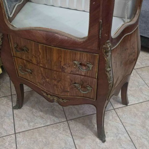 Showcase with quilted fabric and two drawers used, vintage design