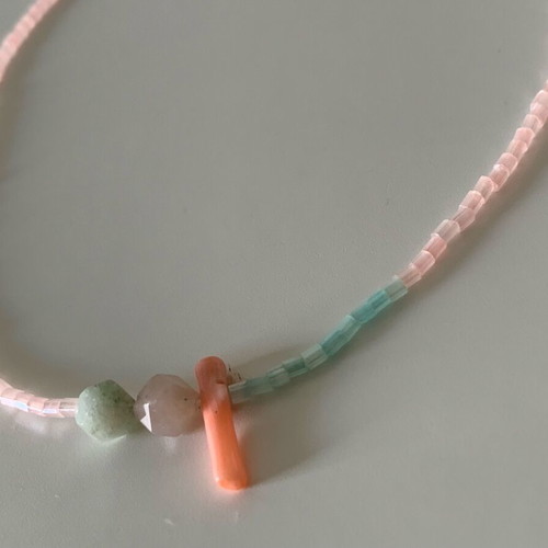 Handmade necklace with amazonite, coral, glass beads and stainless steel closure new, pink and turquoise
