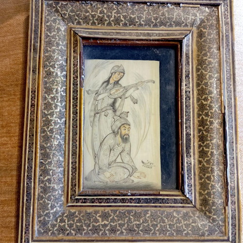 Persian Handmade Artwork on Camel Bone in Wooden Frame used