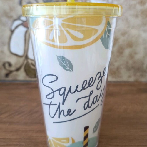 Plastic water bottle new with straw, yellow design