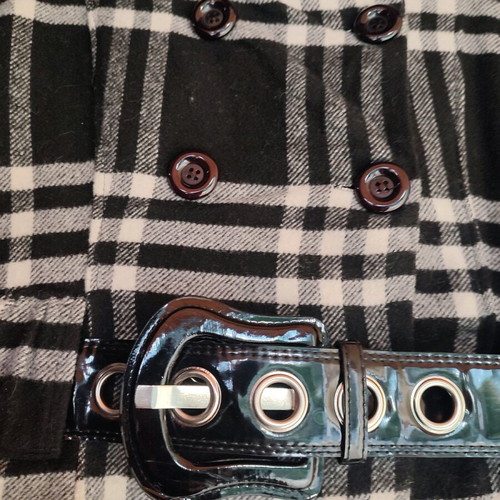 Actuel checked short coat unused with patent belt one size black white
