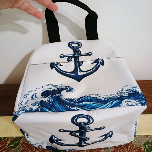 Thermal lunch bag with dark blue hook and nautical design, new
