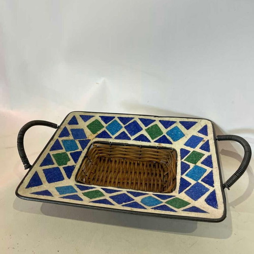 Vintage wicker basket with ceramic mosaic and metal handles used