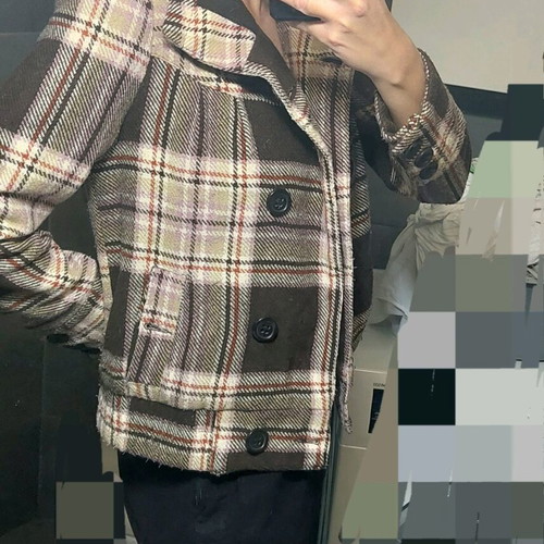 Checked brown coat like new, size large