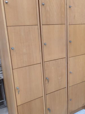 Wooden lockers set of 3 with coin locks like new