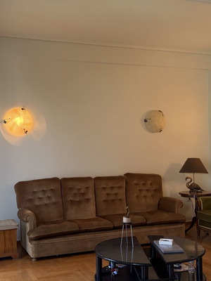 Brown sofa and green armchair furniture set