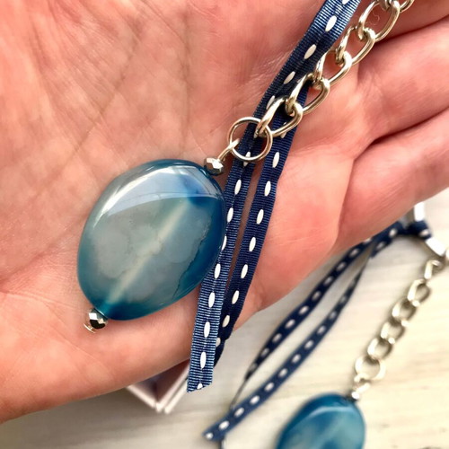 Set of 2 Keychains with Blue Chalcedony Agates and Silver Metal Ring New