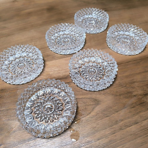 Set of 6 vintage pressed crystal coasters with diamond pattern