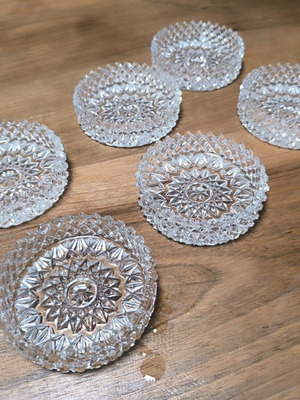 Set of 6 vintage pressed crystal coasters with diamond pattern