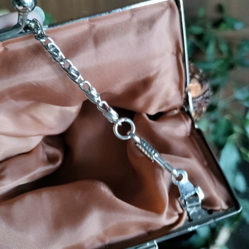 Small shoulder bag with copper sequins and long chain