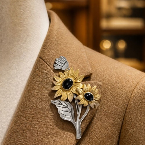 Vintage brooch with silver 925 and bronze sunflowers, handmade, used