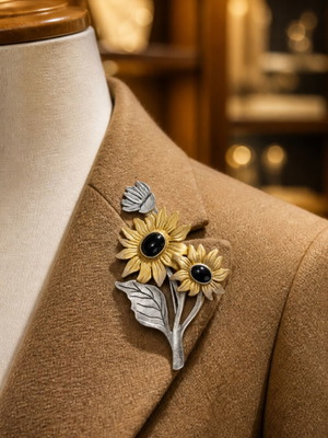 Vintage brooch with silver 925 and bronze sunflowers, handmade, used