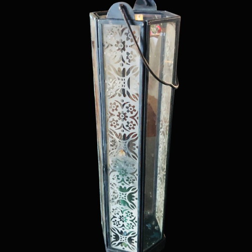 Lantern used, black with decoration on glass parts, opening design