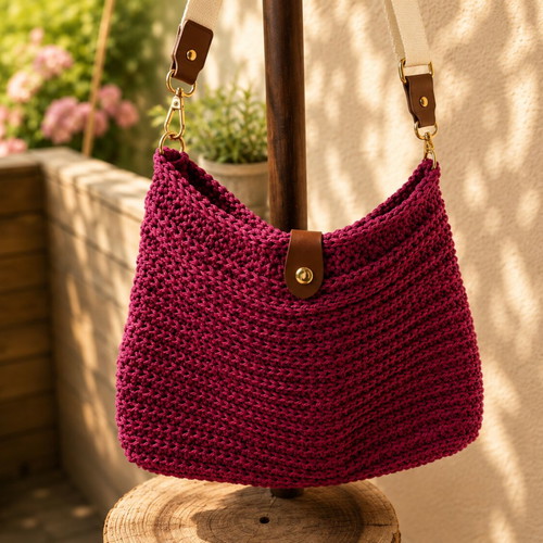 Handmade shoulder bag by Elfi, fuchsia, knitted, new