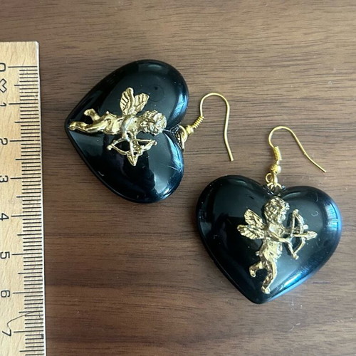 Vintage heart-shaped dangling earrings with embossed angels like new