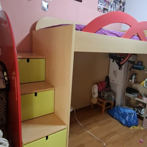 Bunk bed with stairs and storage drawers, beige with red and green