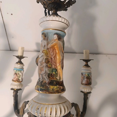 Antique 6-Light Chandelier like new with embossed colored designs
