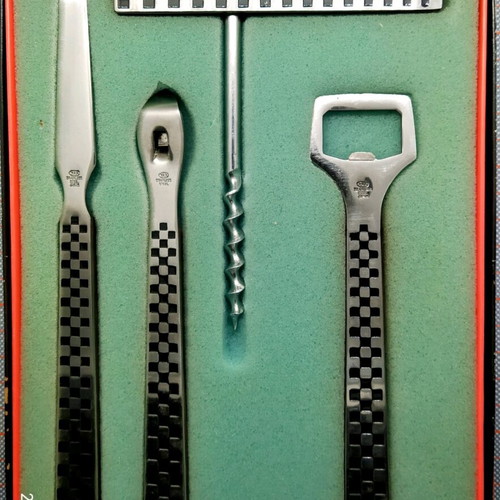 Vintage/Retro 60s YAX Bar Set 4 Pieces new Stainless Steel and Teak Wood