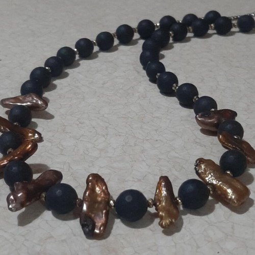 Necklace black onyx matte with pearls and hematite in steel new