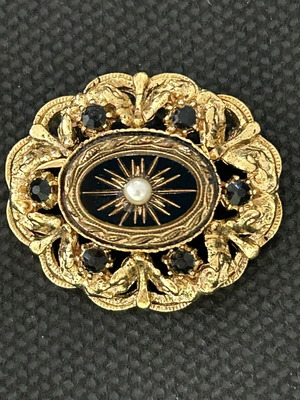 Brooch gold color with 6 black stones and white pearl, like new, vintage