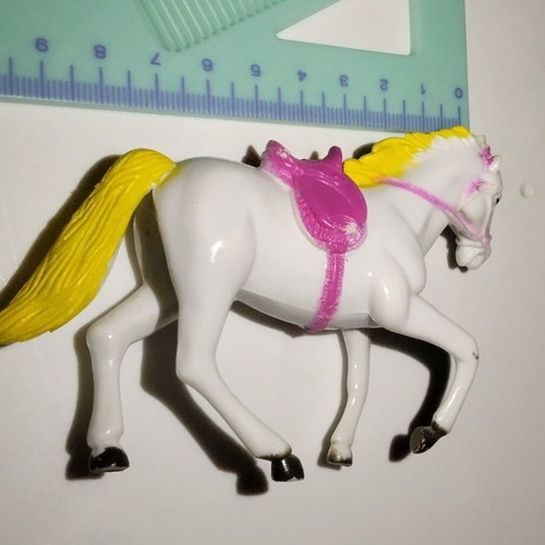 White Horse Figure with Yellow Mane and Pink Saddle used, 10cm