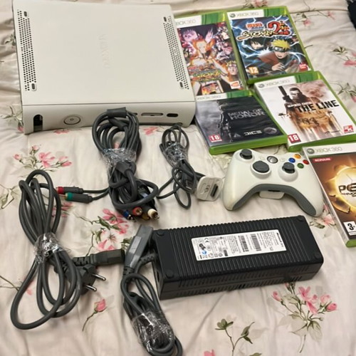 Xbox 360 console for repair with wireless controller, power supply, 5 games, cables