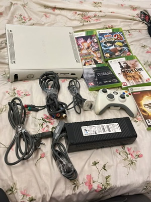 Xbox 360 console for repair with wireless controller, power supply, 5 games, cables