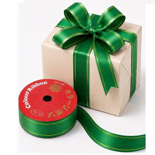 Decorative Curling Ribbon 10m x 1.6cm green with gold detail